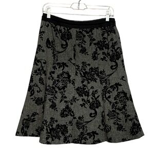 Ann Taylor Womens Skirt Size 4 Gray Tweed‎ Black Velvet Floral A-Line Midi Skirt